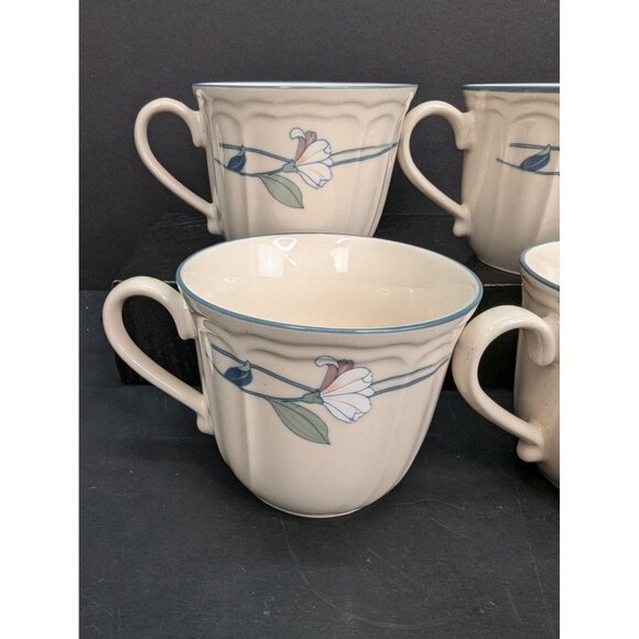 Epoch Lilies Floral Pleated Blue Rim 8 Oz Coffee/Tea Cup Set of 4 - Picture 4 of 8